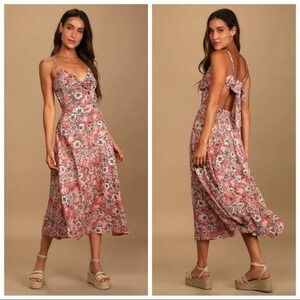 Lulus Ties With You Rose Pink Floral Print Tie-Back Midi Dress Size XXL